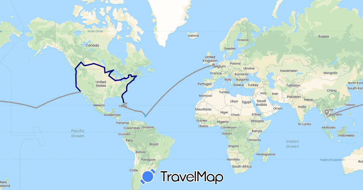 TravelMap itinerary: driving, plane, boat in Bahamas, Canada, Cuba, Dominica, Dominican Republic, France, United Kingdom, Saint Lucia, Thailand, United States (Asia, Europe, North America)